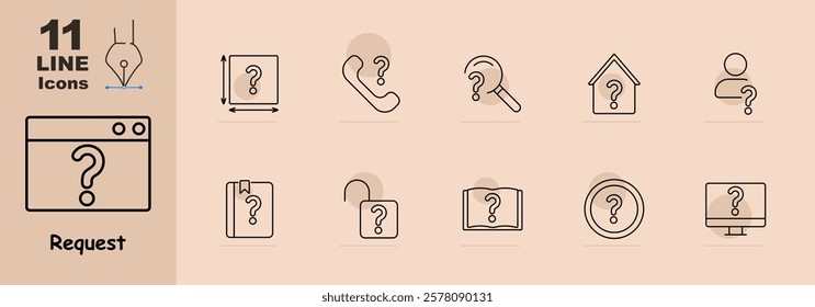 Browser with question mark, phone, magnifier, house, person, book, open lock, database, file, circle, and computer. Highlights search, inquiry, and user-related topics