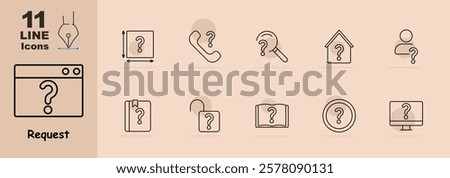 Browser with question mark, phone, magnifier, house, person, book, open lock, database, file, circle, and computer. Highlights search, inquiry, and user-related topics