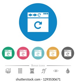 Browser reload flat white icons on round color backgrounds. 6 bonus icons included.