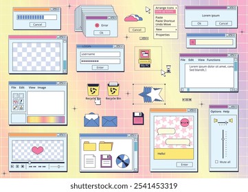 Pantallas retro del navegador. Pantalla de Web de ventana de interfaz de Antiguas, PC Sitio web del ciberespacio de los años 90 Pestaña de mensajes Programación de Ilustración vectorial Hipster Desktop de los años 80 Y2K Kit de Internet Clasy