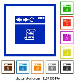 Browser running script flat color icons in square frames on white background