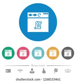 Browser running script flat white icons on round color backgrounds. 6 bonus icons included.
