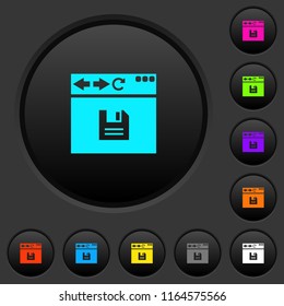 Browser save dark push buttons with vivid color icons on dark grey background