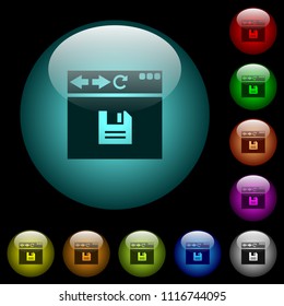 Browser save icons in color illuminated spherical glass buttons on black background. Can be used to black or dark templates