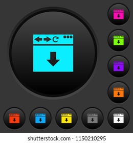 Browser scroll down dark push buttons with vivid color icons on dark grey background