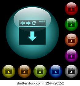 Browser scroll down icons in color illuminated spherical glass buttons on black background. Can be used to black or dark templates