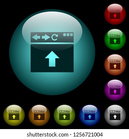 Browser scroll up icons in color illuminated spherical glass buttons on black background. Can be used to black or dark templates
