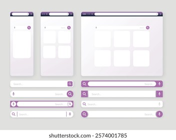 Browser search bar set. Web page internet browser button, search box template. Internet search system. Simple element of user interface design. Vector illustration