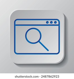 Browser, search simple icon vector. Flat design. Paper cut design. Cutted blue symbol with shadow. Gray badge button, gray background.ai