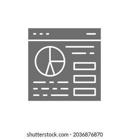 Browser statistics, website traffic, webpage with chart pie grey icon.