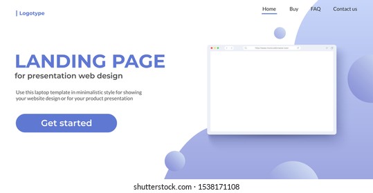 Browser template on landing page. Website concept for show web design, presentation on realistic browser in modern style. Template of site page with geometric purple background.
