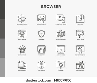 Browser thin line icons set: add-ons, extension, customize browser, sync between devices, bookmark, private, ad blocking, password manager, smart shopping, surfing internet. Vector illustration.