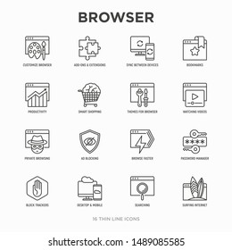 Browser thin line icons set: add-ons, extension, customize browser, sync between devices, bookmark, private, ad blocking, password manager, smart shopping, surfing internet. Vector illustration.