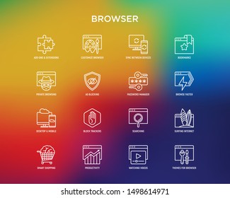 Browser thin line icons set: add-ons, extension, customize browser, sync between devices, bookmark, private, ad blocking, password manager, smart shopping, surfing internet. Vector illustration.