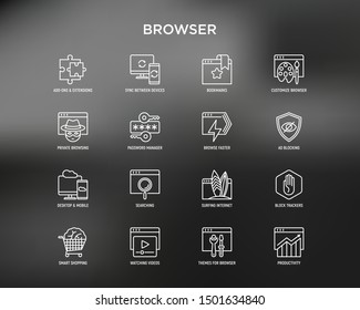 Browser thin line icons set: add-ons, extension, customize browser, sync between devices, bookmark, private, ad blocking, password manager, smart shopping, surfing internet. Vector illustration.