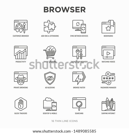 Browser thin line icons set: add-ons, extension, customize browser, sync between devices, bookmark, private, ad blocking, password manager, smart shopping, surfing internet. Vector illustration.