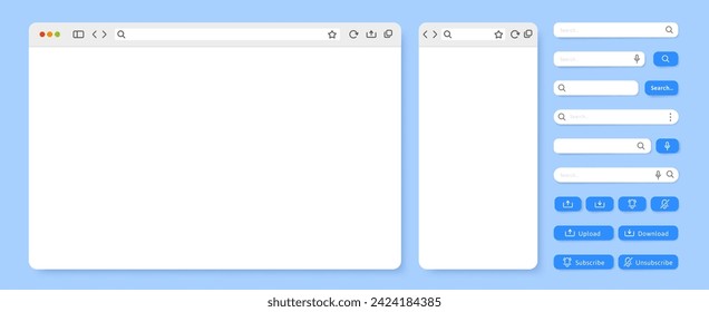 Browser UI template. Internet page layout, user interface search bar panels and action buttons vector illustration set. Windows of various sizes for laptop and smartphone isolated