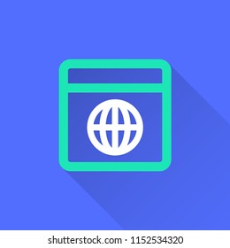 Browser vector icon with long shadow. Illustration isolated on blue background for graphic and web design.