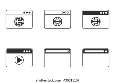 Browser vector icons set. Black illustration isolated on white background for graphic and web design.