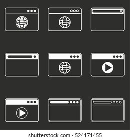 Browser vector icons set. White illustration isolated on black background for graphic and web design.