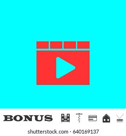Browser video player icon flat. Red pictogram on blue background. Vector illustration symbol and bonus buttons Music center, corkscrew, credit card, house, drum