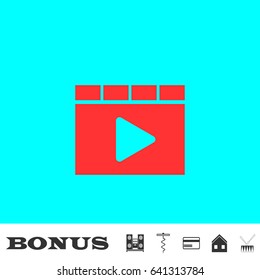 Browser video player icon flat. Red pictogram on blue background. Vector illustration symbol and bonus buttons Music center, corkscrew, credit card, house, drum