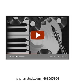 Browser video player with a musical background piano keys, saxophone neck of the guitar and vinyl records. Isolated object on a white background can be used with any image or text.