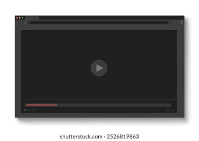 Browser with video player screen mockup template. Ui page frame for media channel window. Stream and broadcast view blank app mock up. Dark online watching live blog or film design on pc element