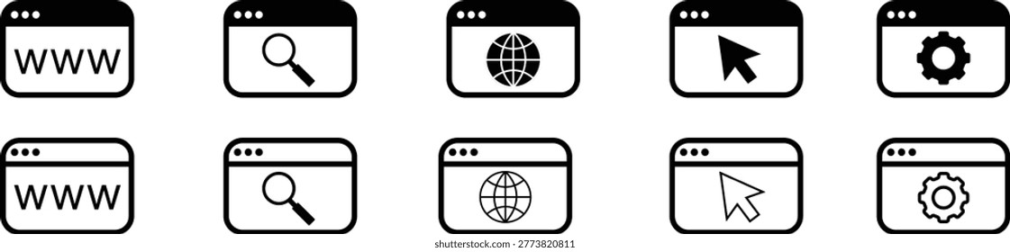 Browser, web page icons set. Website, browser icon collection. Vector.