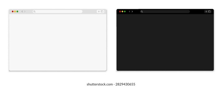 Browser web window mockup in light and dark, simple blank web page frame, empty web browser page, search template window