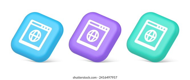 Browser website internet searching online connection button web page information 3d realistic blue purple and green icons. Browsing technology network application interface panel