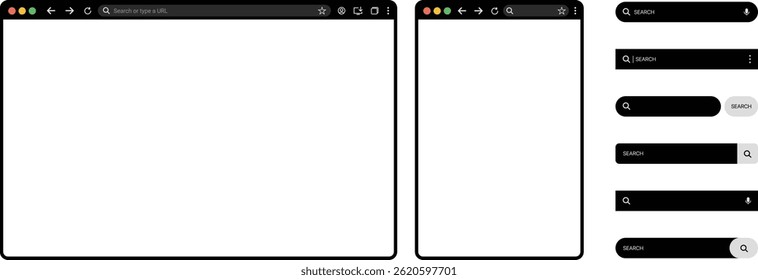 browser Website mockup template. internet browser search engine. Search bar for ui ux design frames for PC, laptop, tablet, and mobile. Vector illustration for UI and web design presentations.	