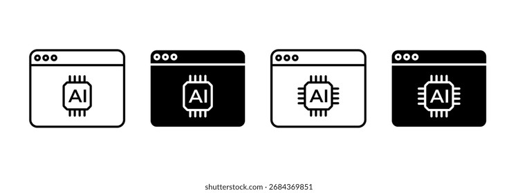 Ventana del navegador con AI Icon Set. Símbolos de tecnología de Inteligencia Artificial para App móviles. Ilustración vectorial