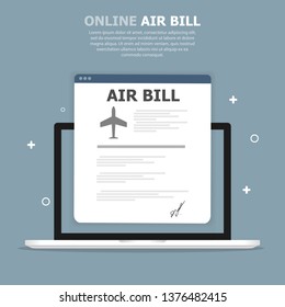 Browser window with air bill on computer screen on blue background.