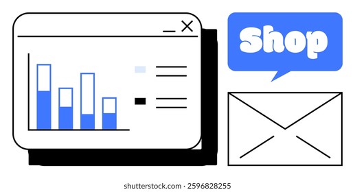 Browser window with a bar chart, an envelope, and a shop speech bubble. Ideal for e-commerce, online shopping, digital marketing, analytics, email communication. Flat vector design with blue accents