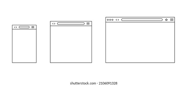 Browser window black lines vector icons set. Isolated blank browser mockup for device. Blank display design template