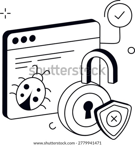 A browser window with a bug icon sits beside an open padlock and a shield. It illustrates a security vulnerability and the risk of a system data breach.