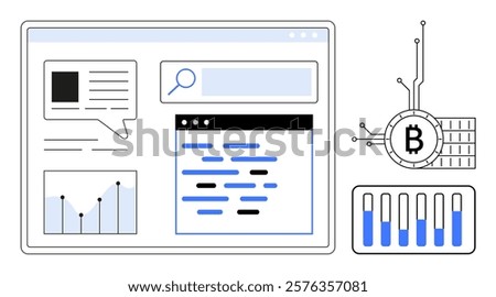 A browser window with charts, search bar, and text boxes. Ideal for cryptocurrency, blockchain technology, market analytics, financial data visualization, tech innovation. Minimalist flat design