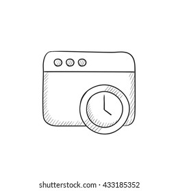Browser window with clock sign vector sketch icon isolated on background. Hand drawn Browser window with clock sign icon. Browser window with clock sign sketch icon for infographic, website or app.