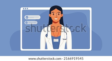 Browser window, computer screen. Female therapist, hospital staff team. Video call meeting in messenger, online consultation. Banner template. Ask doctor. Medical advise, chat service, telemedicine