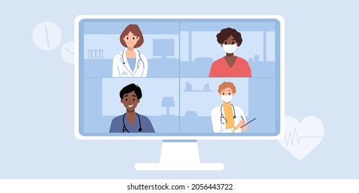 Ventana de navegador, pantalla de computadora con terapeuta, equipo de personal del hospital. Encuentro de videollamadas en messenger, consulta en línea. Plantilla de banner. Pregúntale al doctor. Asesoramiento médico, servicio de chat, telemedicina