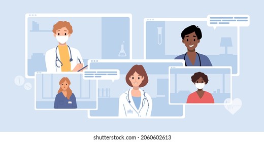 Browser window, computer screen with therapist, hospital staff team. Video call meeting in messenger, online consultation. Banner template. Ask doctor. Medical advise, chat service, telemedicine