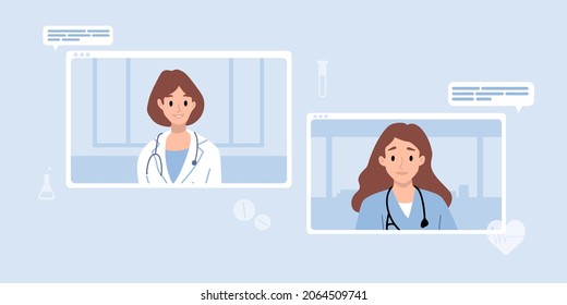 Browser window, computer screen with therapist, hospital staff team. Video call meeting in messenger, online consultation. Banner template. Ask doctor. Medical advise, chat service, telemedicine