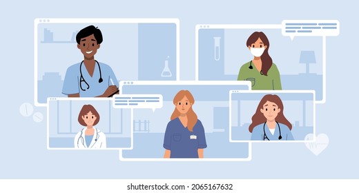 Browser window, computer screen with therapist, hospital staff team. Video call meeting in messenger, online consultation. Banner template. Ask doctor. Medical advise, chat service, telemedicine