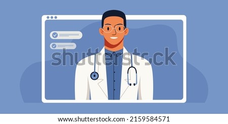 Browser window, computer screen with therapist, hospital staff team. Video call meeting in messenger, online consultation. Banner template. Ask doctor. Medical advise, chat service, telemedicine