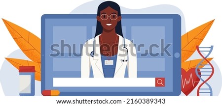 Browser window, computer screen with therapist, hospital staff team. Ask a doctor service, online consultation help. Banner template. Medical advise, chat, telemedicine. Online pharmacy, drug store