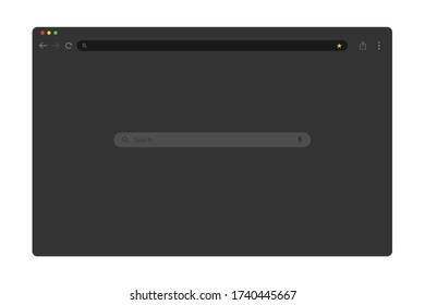 Browser window in dark theme. Website mockup interface with search bar, loupe and microphone icons. Template of computer web browser in modern flat design. Blank web page screen. EPS 10