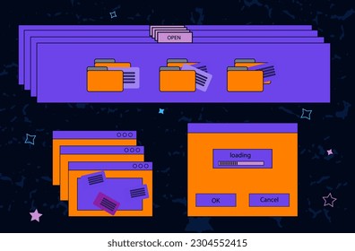 Browser window, desktop. Pop-up windows on the screen of a computer, laptop. Several tabs with an error, redirect to the site. Modal windows, problem loading, unable to open a new page, letter. Vector