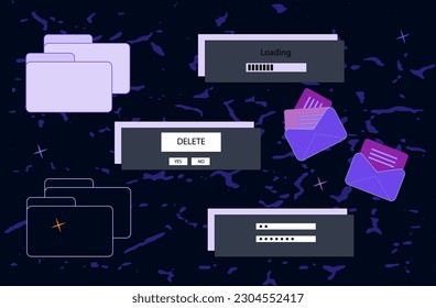 Browser window, desktop. Pop-up windows on the screen of a computer, laptop. Several tabs with an error, redirect to the site. Modal windows, problem loading, unable to open a new page, letter. Vector