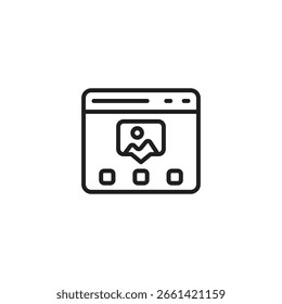 Uma janela do navegador exibindo um ícone de imagem de paisagem com três ícones quadrados arredondados abaixo. Representa uma galeria de imagens online, exibindo fotos em um site ou uma exibição de conteúdo visual.